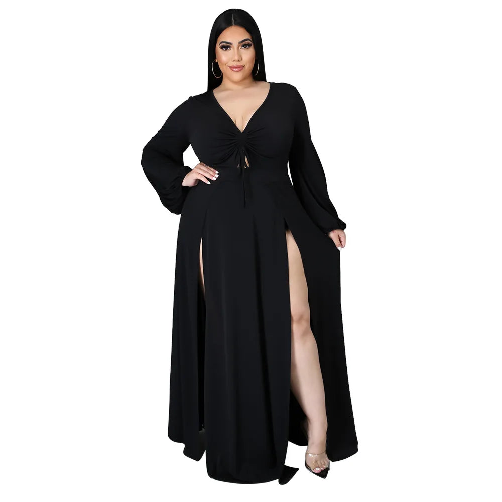 NEW Arrivals XL-5XL Plus Size Elegant Women Lace-Up V-neck Long Sleeve Sexy Plus Size Dresses 5xl Solid Color Split Fork Summer Clothes