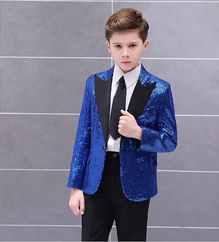 4 PCS Set 5 Colors Boys Formal Wedding Guest Suit Kids  Luxury Jacket Shirt Pants Tie Party Blazer Children Piano Performance Ceremony Costume Birthday Evening Party Children Luxury Apparel Supplies