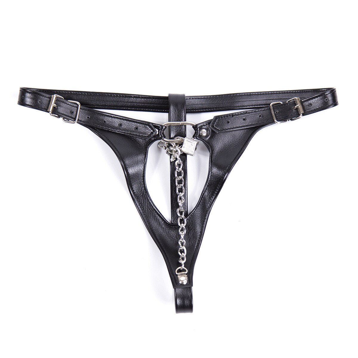 Women Erotic Sexy Costumes of Leather Low Rise Thongs and G Strings with Metal Chain for Couples Fetish Sex Crotchless Brief