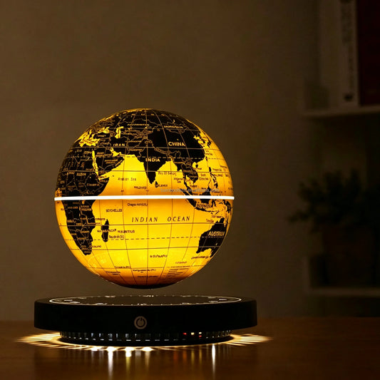 NEW Home Living Room Bedroom Luxury Golden English Rotating World Map Lampshade Magnetic Levitating Floating Globe Novelty Retro Round Clock Base 14cm 6 Inch Desk Table Home Lighting Supplies