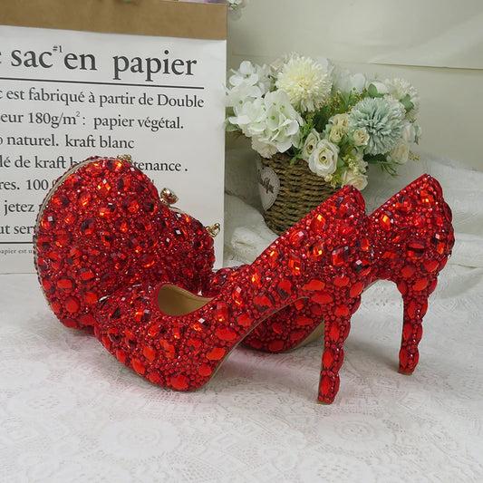 Luxury Handmade Red Rhinestone Women Wedding Shoes Set with Matching Bags Bride Woman Shoes and Purse Platform Night Formal Business Dinner Concerts Shoes Ladies Luxury Fashion Apparel Accessories Clothing Supplies