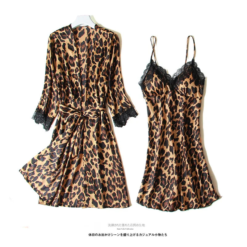 Low-Price Sales are Limited NEW Arrivals Summer 5 Pcs Set Women Pajamas Satin High Quality Sexy Leopard Sleepwear With Chest Pad Pajamas Suit Girls Ladies Luxury Fashion Lingerie Apparel Products