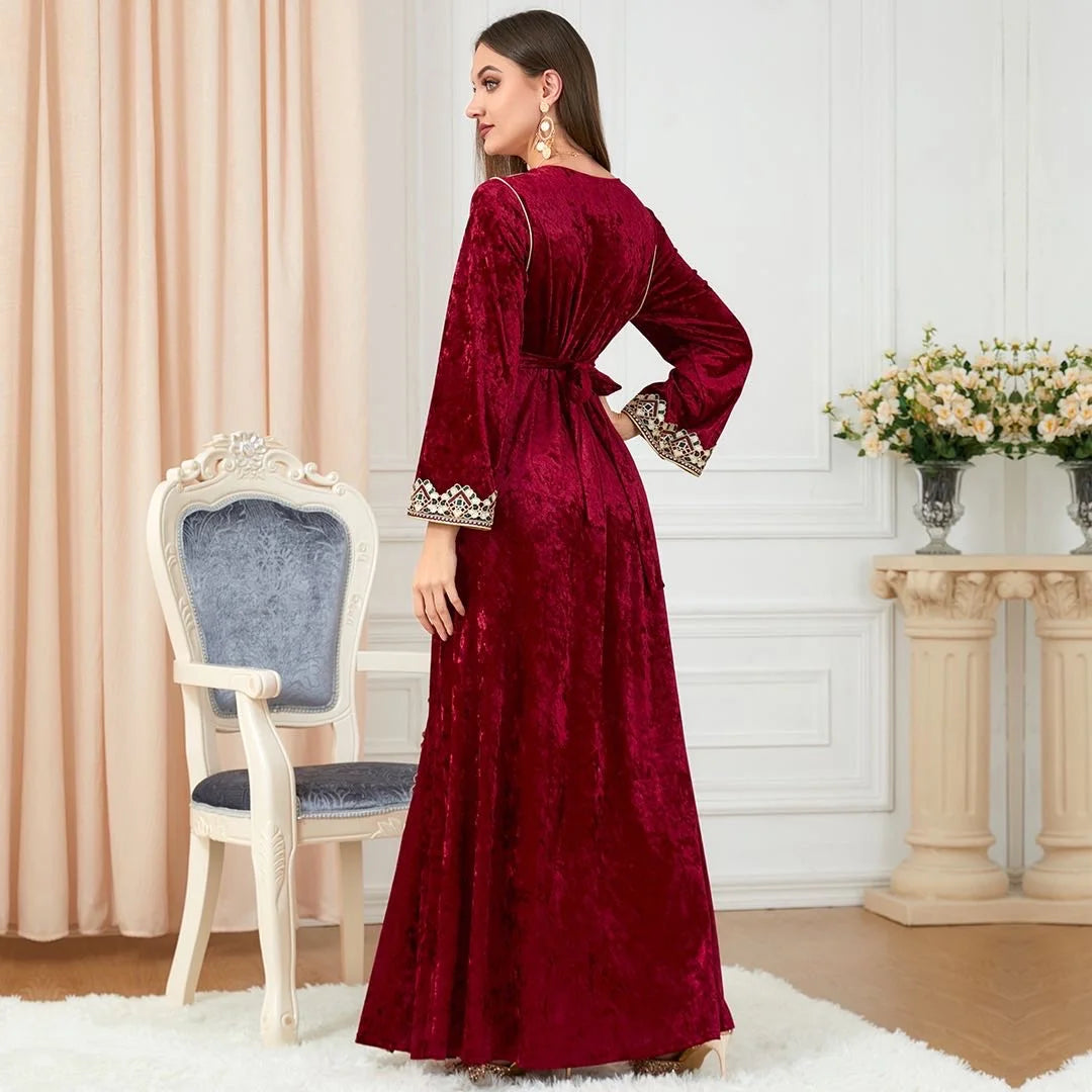 Autumn and Winter Religious Women's Muslim Long Sleeve V-Neck Embroidery Solid Maxi Standard Loose Formal Dresses