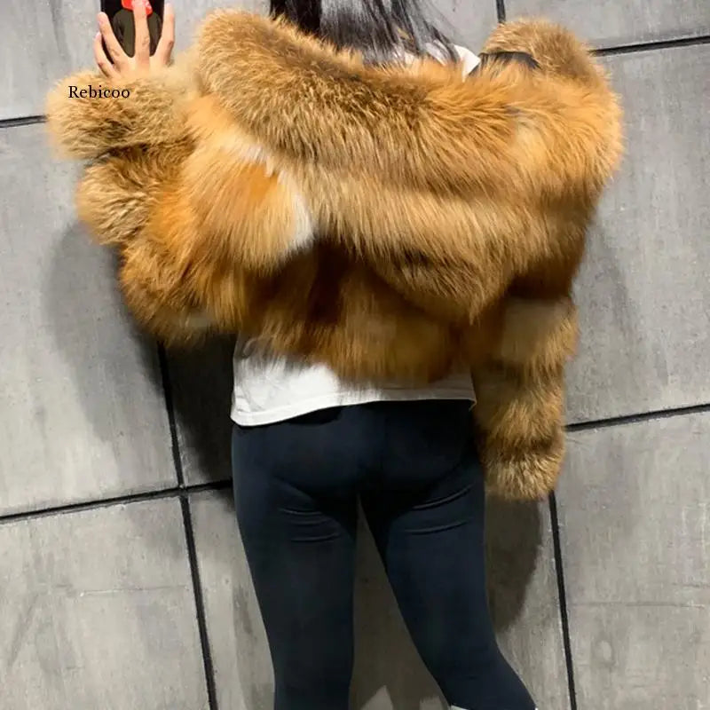 NEW Arrivals S-3XL Coffee/Dark Gray/Black Fashion Women Environmental Red Faux Fox Fur Coat with Hood Thick Warm Full Pelt Fake Fur Jacket Short Winter Woman Fur Coat Ladies Girls Luxury Fashion Clothing Supplies