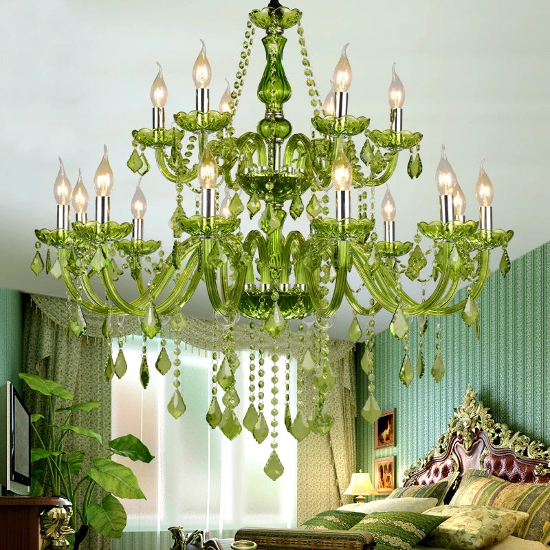 HOT SALE 8/15/18 Lights Villa Home Living Room Maria Theresa European Style Crystal Pendent Lamp Green Candle Lamp Luxurious Living Room Restaurant Bedroom KTV  Bar Art Decoration Lighting Supplies