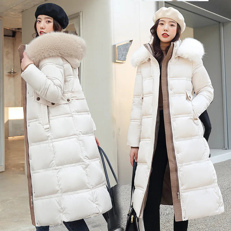 2025 Winter New Down Cotton Jacket Women's X-Long Faux Fur Collar Padded Jacket Thick Loose Large Size Jacket