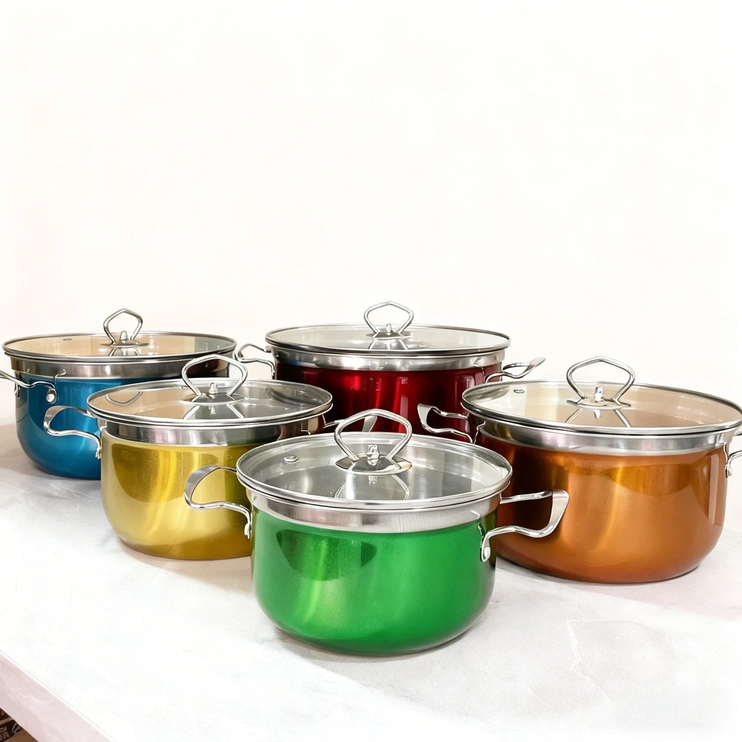 10 PCS Set Silvery/Colored Gift Set Stainless Steel Home Hotels Restaurants Kitchen Cookware Casserole Pot with Handle and Transparent Glass Lid Outdoor Camping Cooking Tools Cookware Supplies