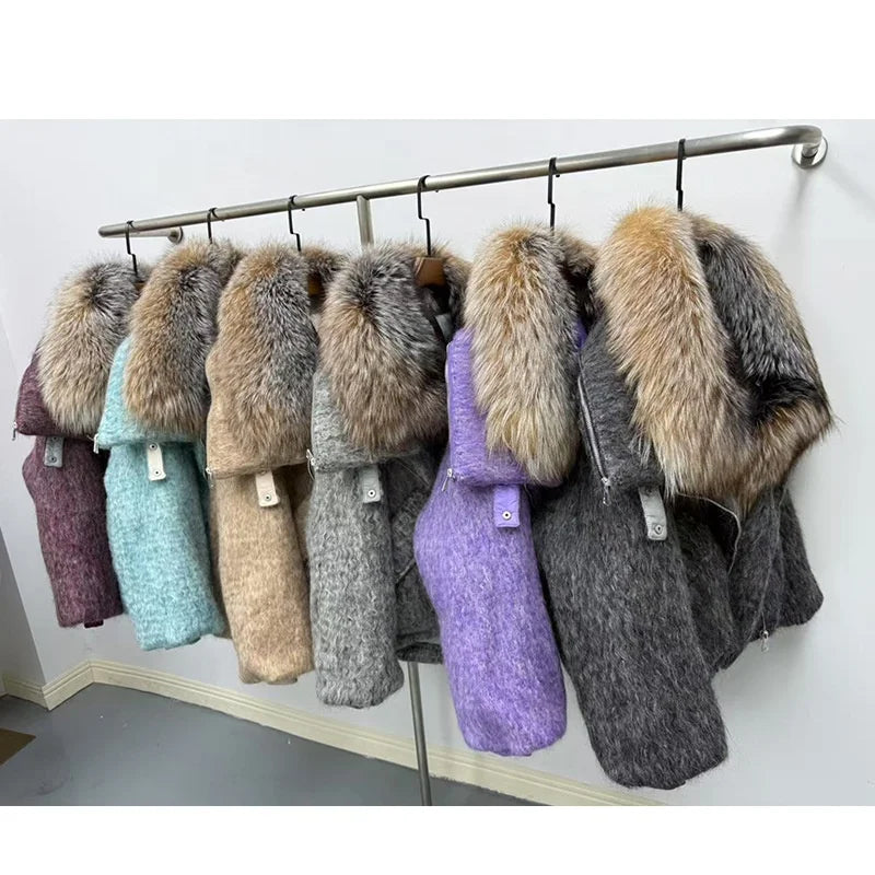 TikTok Most Popular 15 Colors Top Quality Unique Winter Luxurious Cashmere Loose Puffer Bomber Jacket Goose Down Jacket with Natural Red Silver Fox Fur Coat Girls Outerwear Jackets Women Winter Apparel Supplies