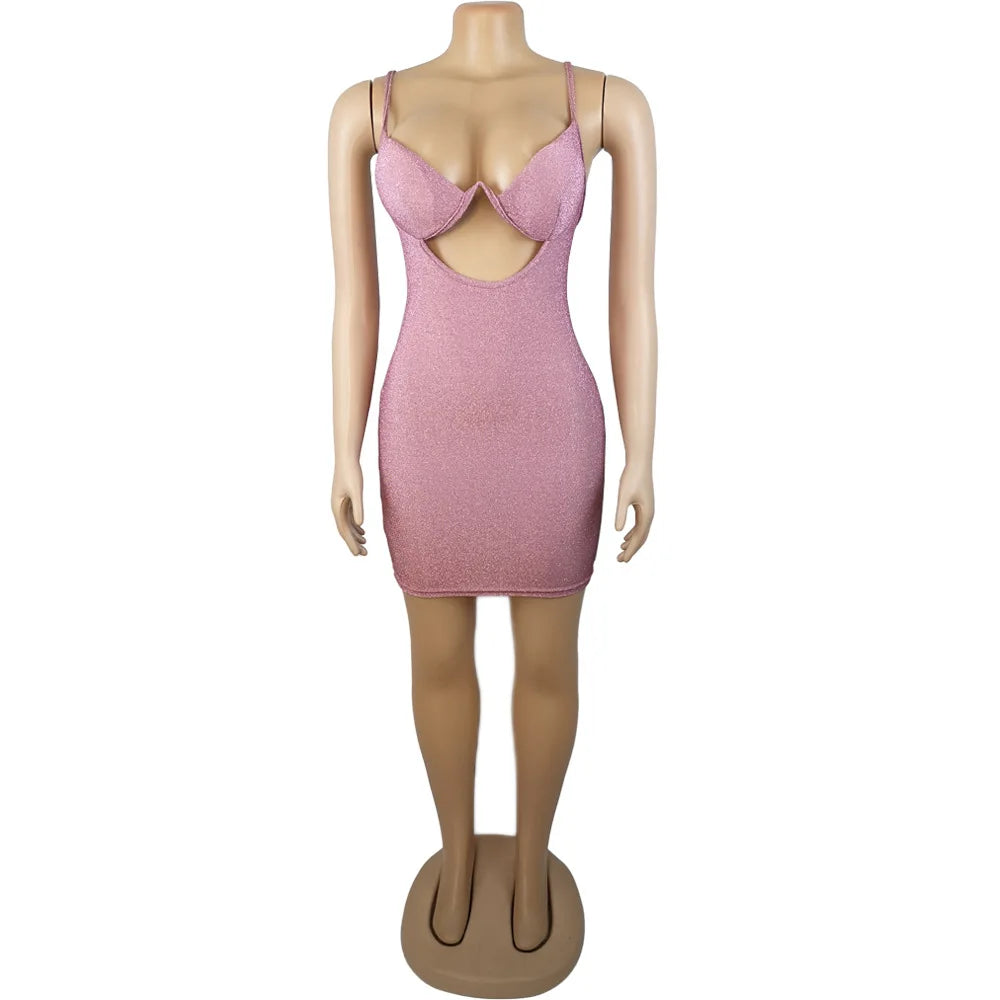 Black/Pink/Gray Color Women Sexy Bling Glitter Sequin Women Strap Mini Dress V-Neck Hollow Out Bodycon Sexy Streetwear Autumn Winter Spring Evening Night Club Party Slim Mini  Dress Ladies Sexy Clothing Supplies