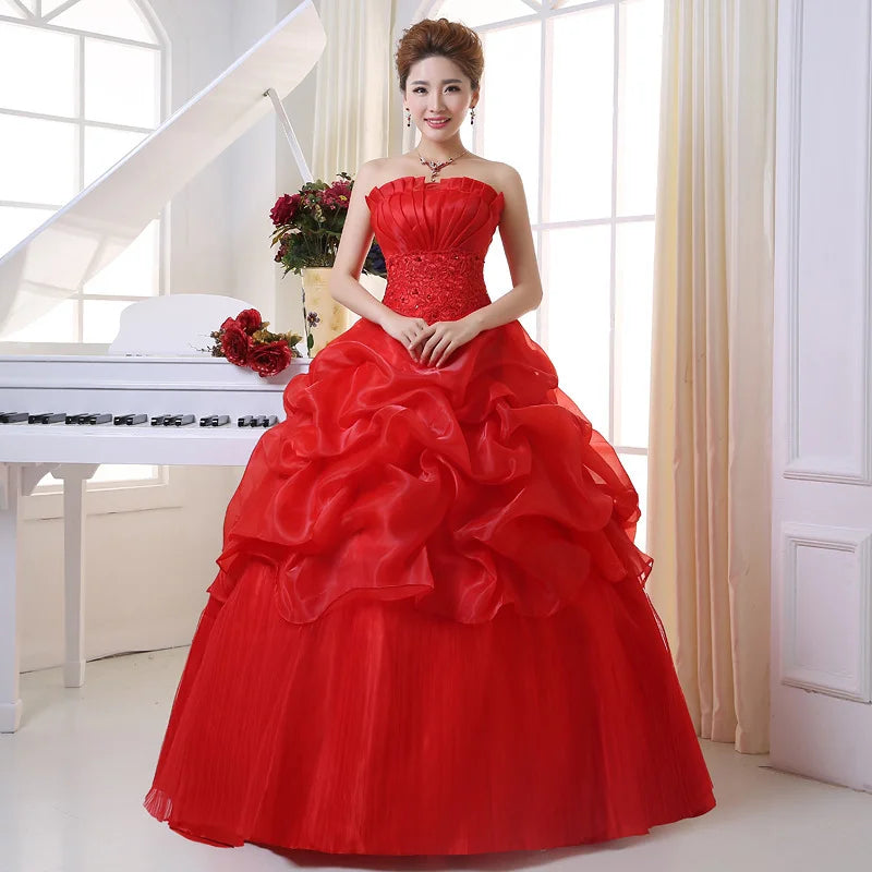 BEST PRICE White/Champagne/ Red Color S-6XL Plus Size Elegant Sweetheart Strapless Wedding Dress Beaded Belt Ruffled Organza Ball Gown Wedding Evening Prom Luxury Dress