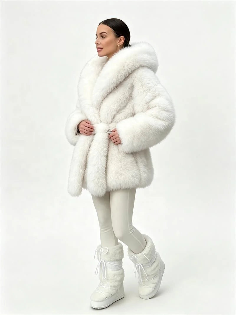 White/Dark Brown/Black Color S-3XL Plus Size Women Top Quality Hooded Artificial Fur Jacket Oversized Fur Collar Belted Waist Winter Warm Fluffy Mid-Length Coats Women's Faux Fur Coats Women Winter Apparel Supplies