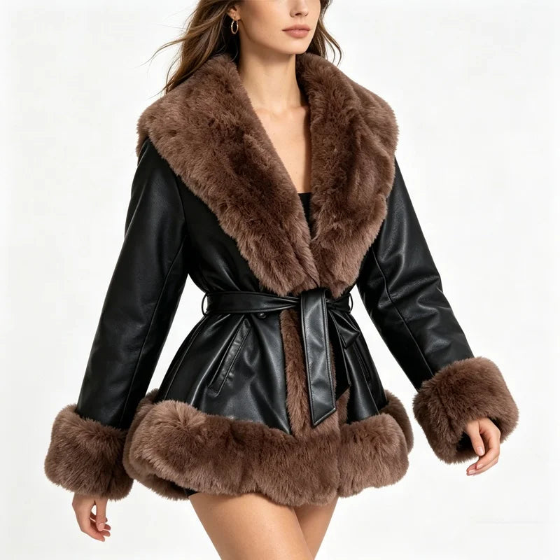 NEW Design 5 Colors UK (6-20) Large Size Women's Faux Fur Coat Collar/Cuffs Belted Waist Winter Warm Eco-Friendly Windproof Outerwear Plain Dyed Women Autumn Winter Clothing Supplies