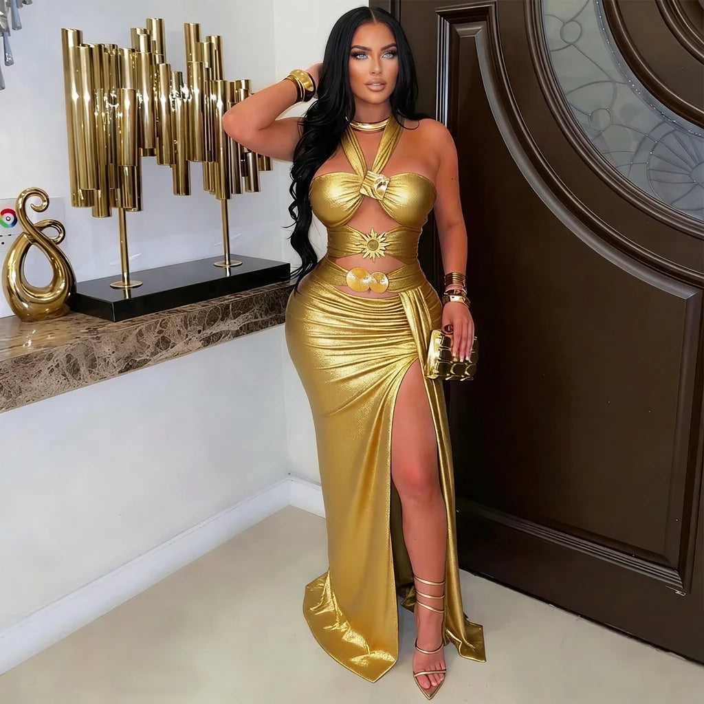 Back/Golden Color S-2XL Women Sexy Hot Lace Up Backless Halter Dress Bodycon Waist Cutout High Slit Floor Length Bronzing Solid Color Ladies Evening Party Maxi Gowns