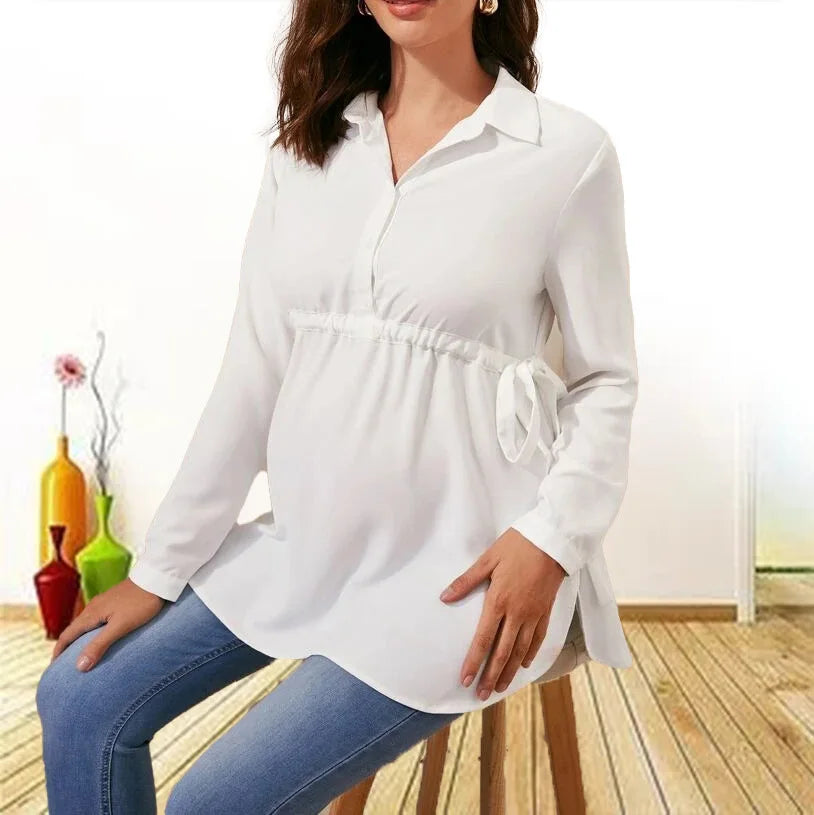S-2XL Black/White Solid Color Pregnant Women V-Neck Long Sleeve Knitted Breathable Loose Fit Maternity Blouse Fashion Top Female Pregnancy Apparel Clothing Supplies