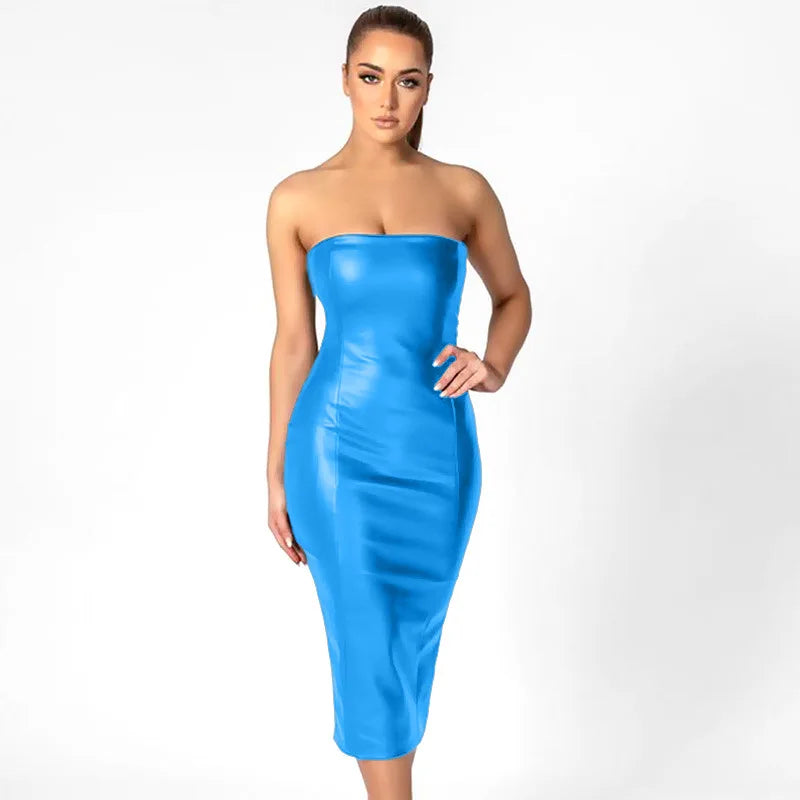 4 Colors New  Fashion Women's Elegant Strapless Zipper Sexy PU Leather Formal Midi Dresses for Ladies Evening Cocktail Party Night Clubwear Leather Gowns Women Sexy Apparel Supplies