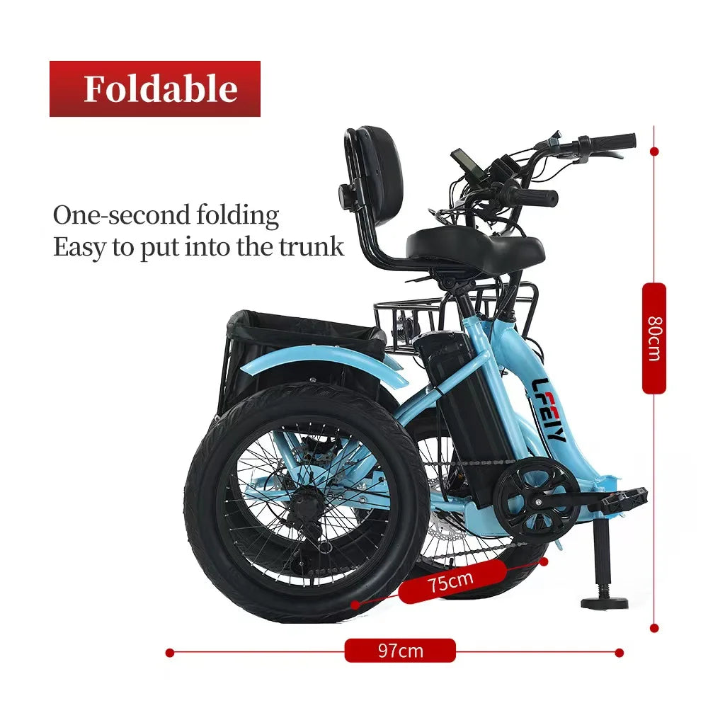 Fat Tires Folding Electric Cargo Tricycle 18 Inch Brushless Pedal Assisted Electric Tricycle 48V 13Ah Lithium Battery Disc Brake 3-Wheel Cargo Bike 7-Speed 25km Max Speed Carbon Steel Electric Bike