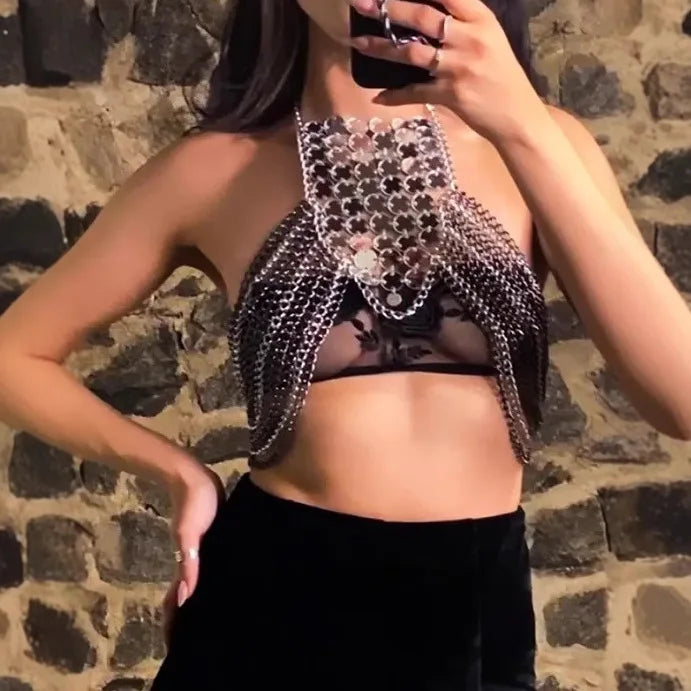 Women Luxury Sequined Crop Tops Sexy Metal Chain Tassel Nightclub Dance Wear Evening Rave Party Burning Outfits Body Chain