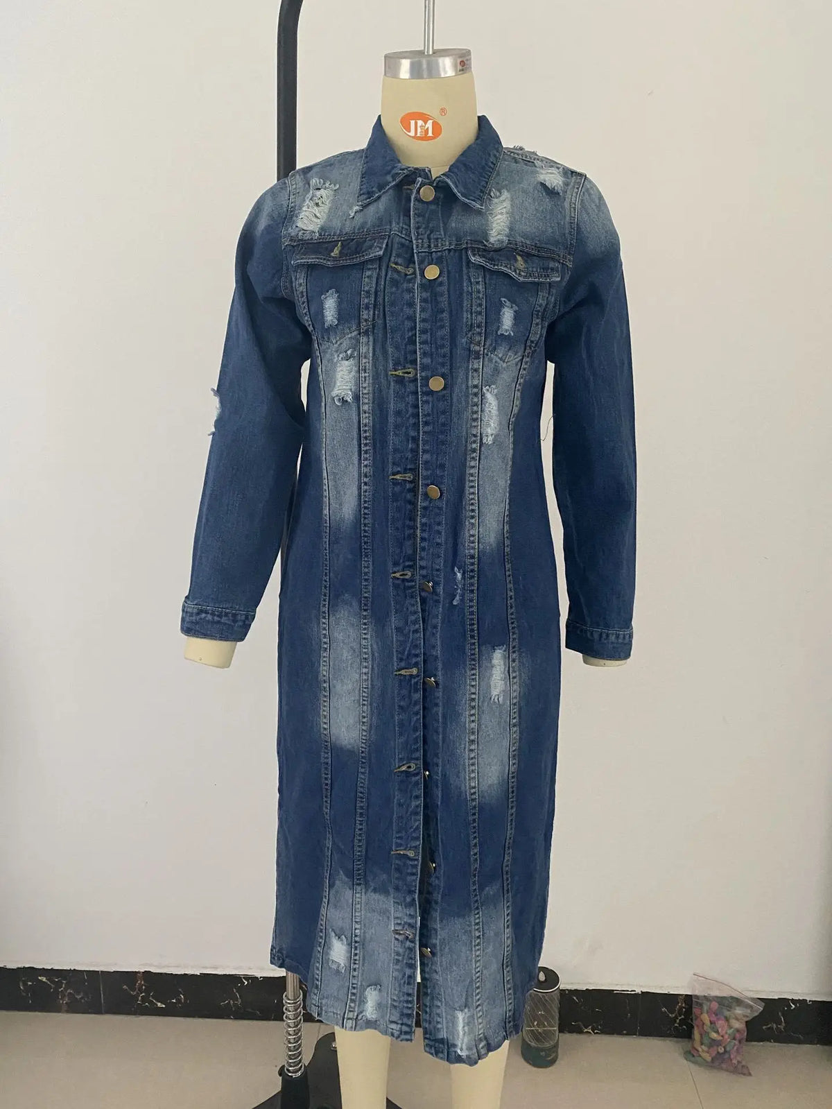 3 Colors S-3XL  Autumn Spring & Winter Long Denim Trench Coat Holes Denim Jackets for Ladies Casual Long Jean Jackets for Women