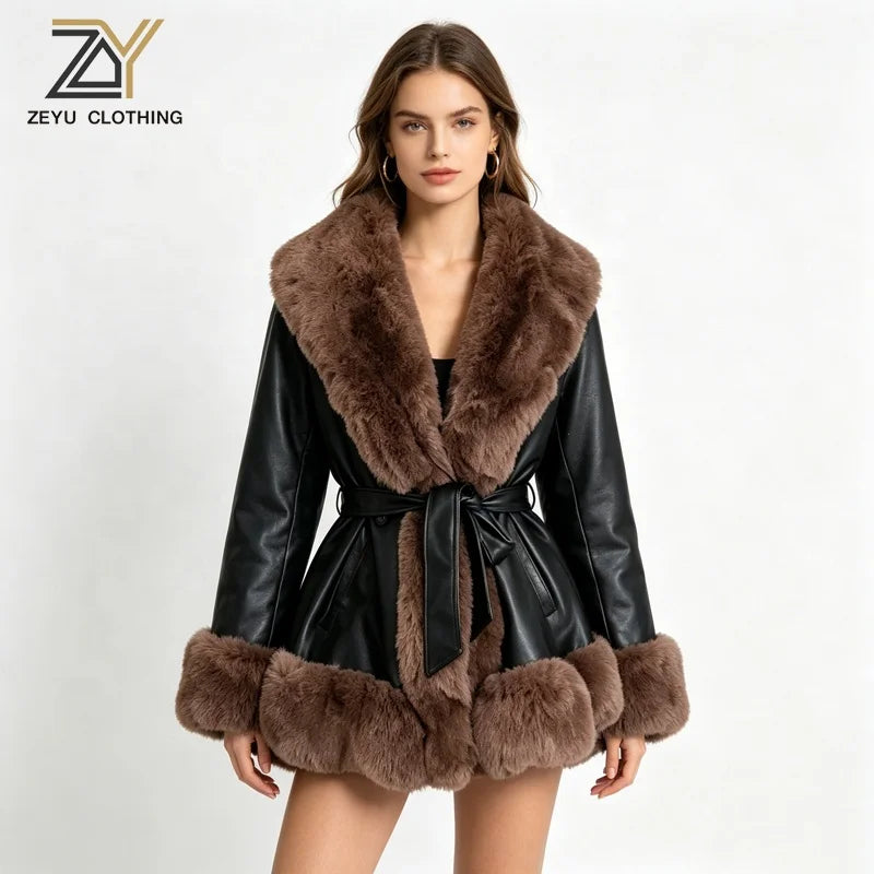 NEW Design 5 Colors UK (6-20) Large Size Women's Faux Fur Coat Collar/Cuffs Belted Waist Winter Warm Eco-Friendly Windproof Outerwear Plain Dyed Women Autumn Winter Clothing Supplies