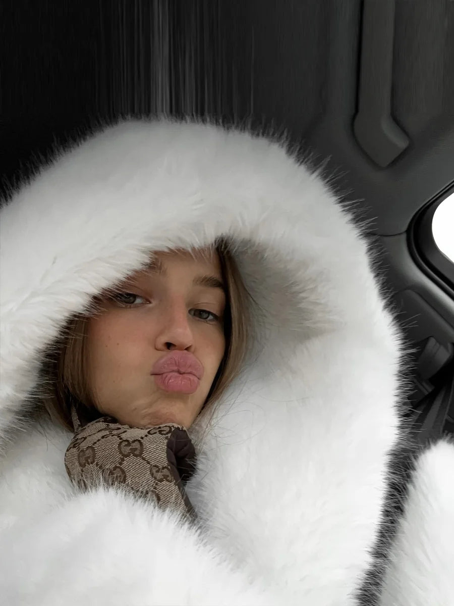 S-4XL Plus Size 5 Colors  Pure White Faux Fox Fur Coat Women Regular Oversized Big Hood Fluffy Plush Thick Warm Eco-Friendly Breathable Winter Outerwear Jackets Women Winter Apparel Supplies