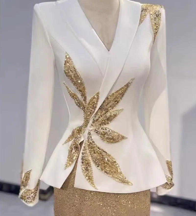 Mother of Bride White & Gold Luxury Blazer-Style Dress Embroidered Sequined Mermaid Floor-Length Vintage Evening Wedding Party Business Dinner Gown Ladies Luxury Apparel Supplies