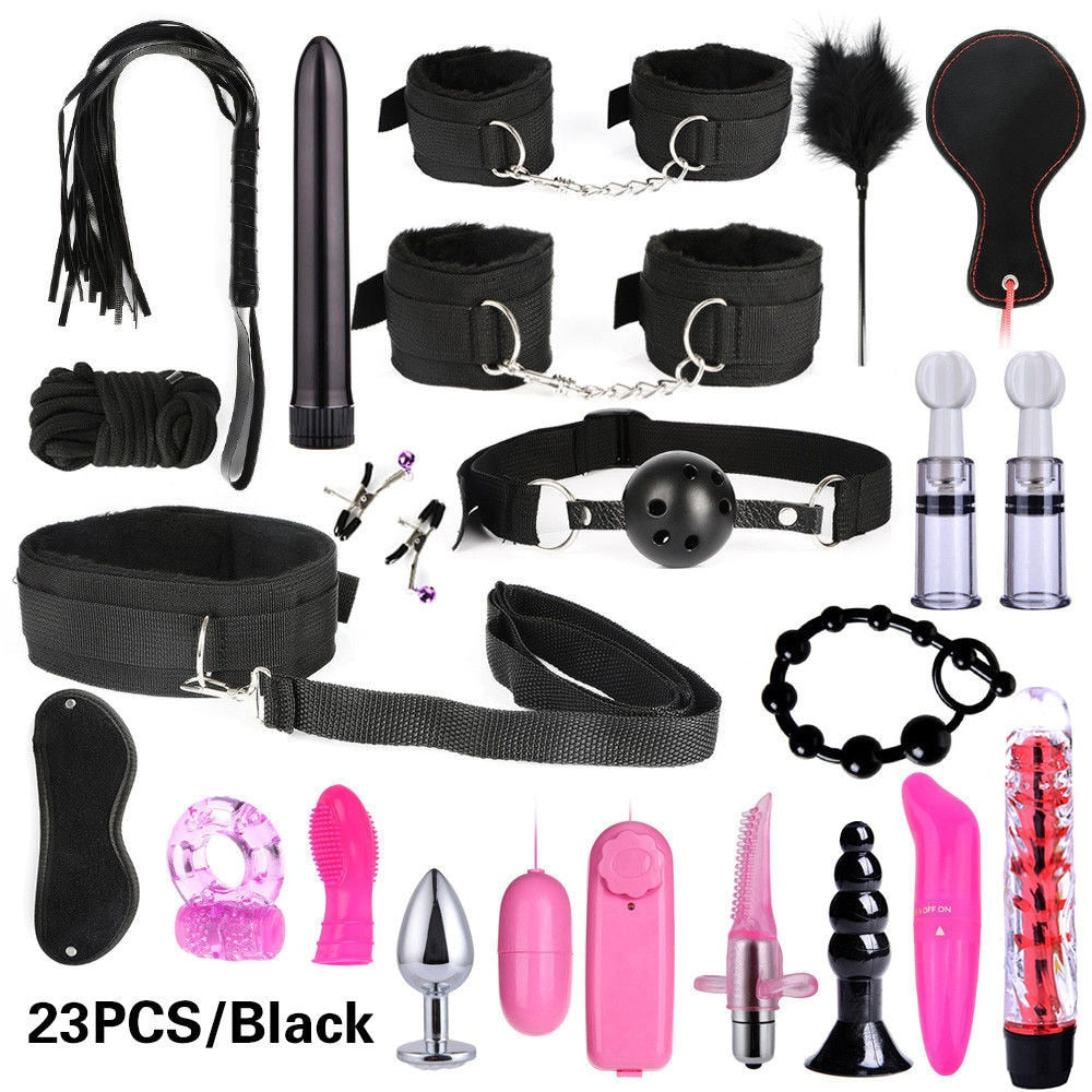 Adult leather plush bondage bundle set, gag, whip, butt plug, sex toys for women, nipple clips, erotic toys