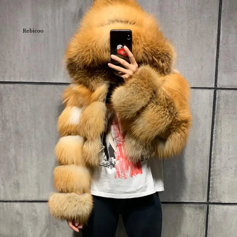 NEW Arrivals S-3XL Coffee/Dark Gray/Black Fashion Women Environmental Red Faux Fox Fur Coat with Hood Thick Warm Full Pelt Fake Fur Jacket Short Winter Woman Fur Coat Ladies Girls Luxury Fashion Clothing Supplies