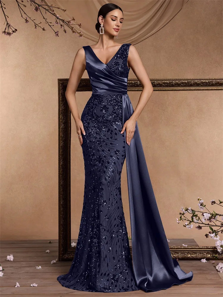 Mother of the Bride S-2XL Women's Luxury Satin Gowns for Women Evening Dresses Elegant V-Neck Sleeveless Sequin Mermaid Bridesmaid Dresses Wedding Party Dress Ladies Luxury Apparel Supplies
