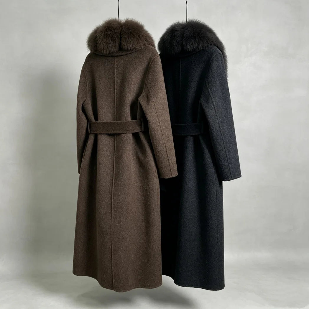 NEW  Autumn/Winter High-End Women's Luxury Thick Cashmere & Wool Material Long Coat Genuine Natural Fox-Fur Collar Extended Length Belt Lacing Slimming Effect Ladies Winter Apparel Clothing Supplies