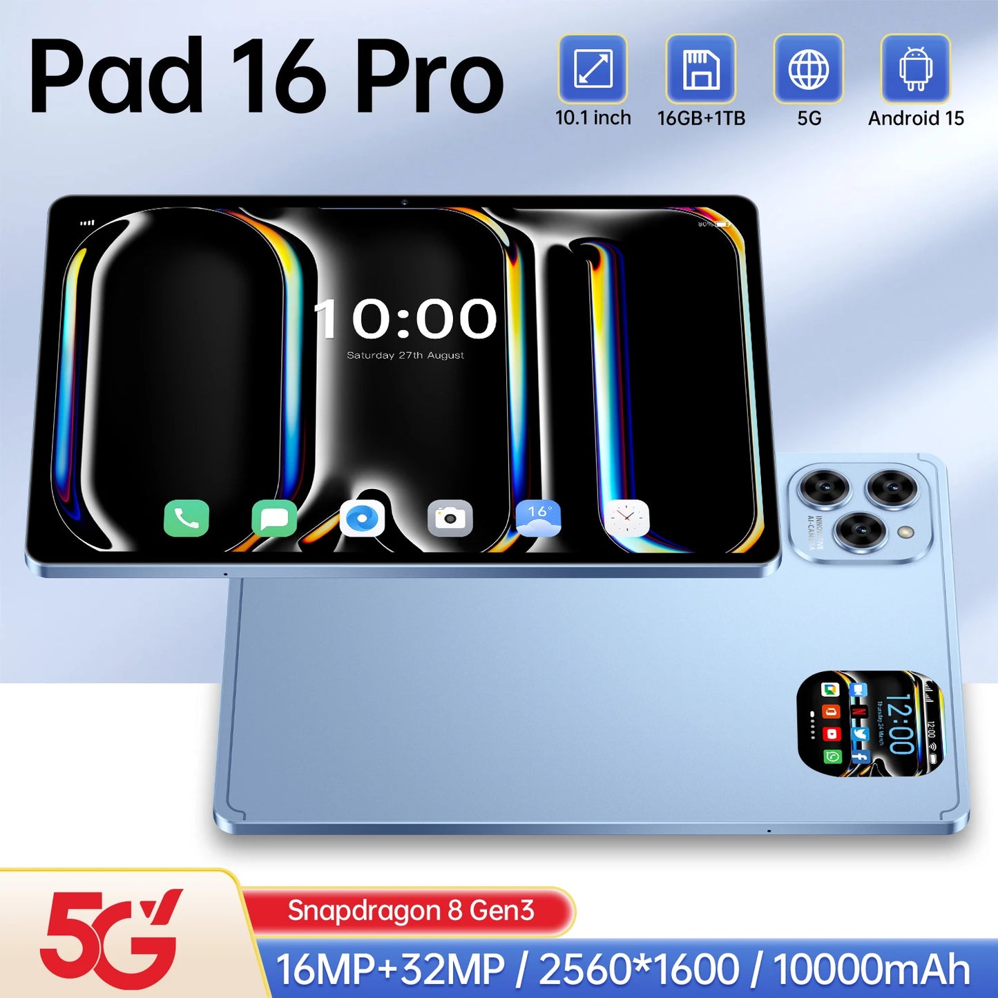 NEW Design Pad 16 PRO 16GB+1TB 5G Smart Tablet 10.1 Inch High Resolution Capacitive Touch Screen 10000mAh Battery