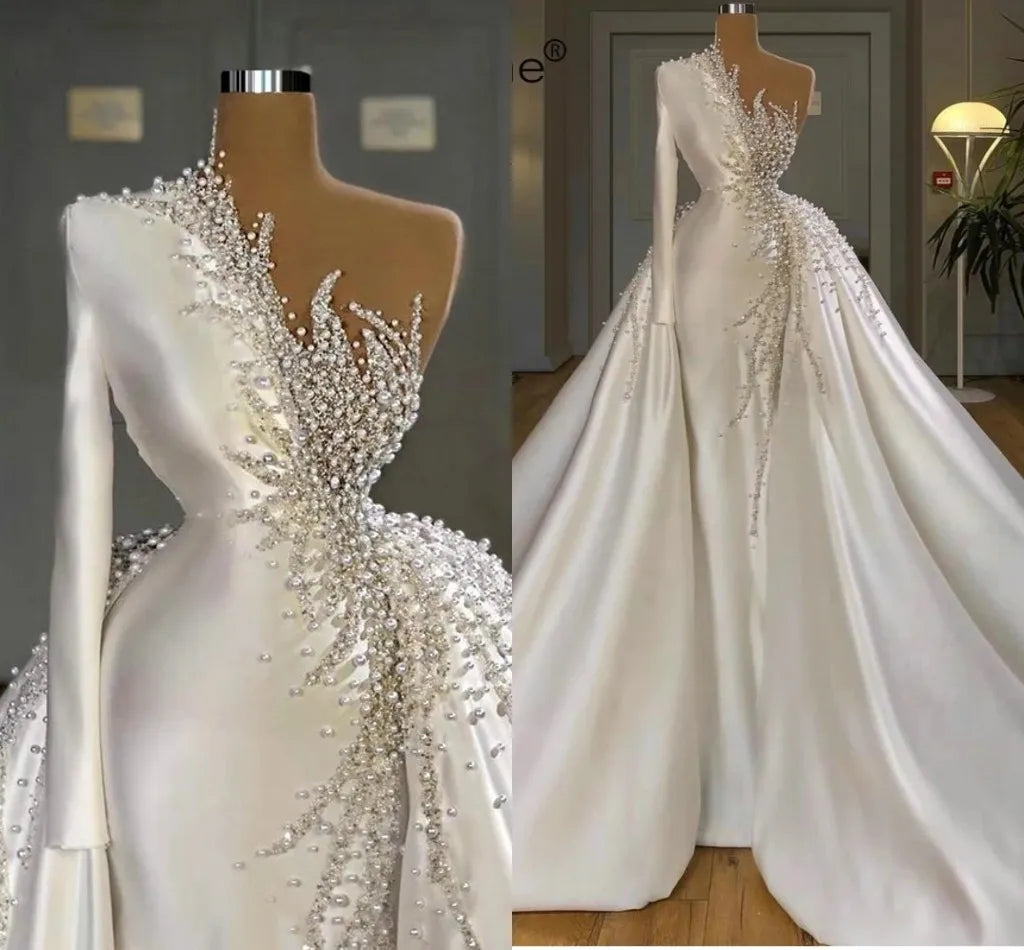 Boutique Gala HOT SALE TOP Luxury Women's Beaded Lace Fabric Pearl White Bridal Wedding Dress Ball Gown Elegant Luxurious Rhinestones Crystal Ruffles for Wedding Boho Evening Wedding Prom Party Ladies Luxury Apparel Supplies