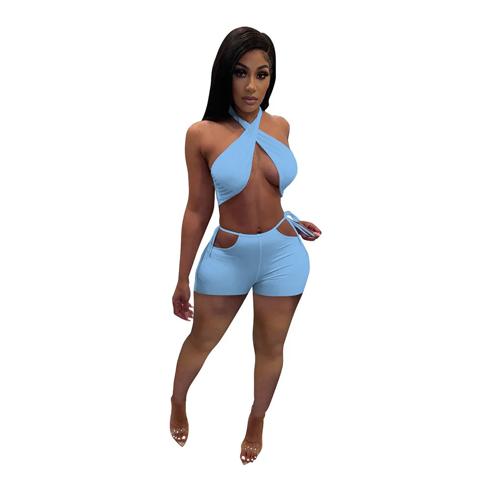 NEW Arrivals 2PCS Set 9 Colors Women Sexy Ruched Bandage Criss Cross Solid Hot Women Spring Summer Backless Evening Beach Party Night Club Crop Top and Shorts Matching Set