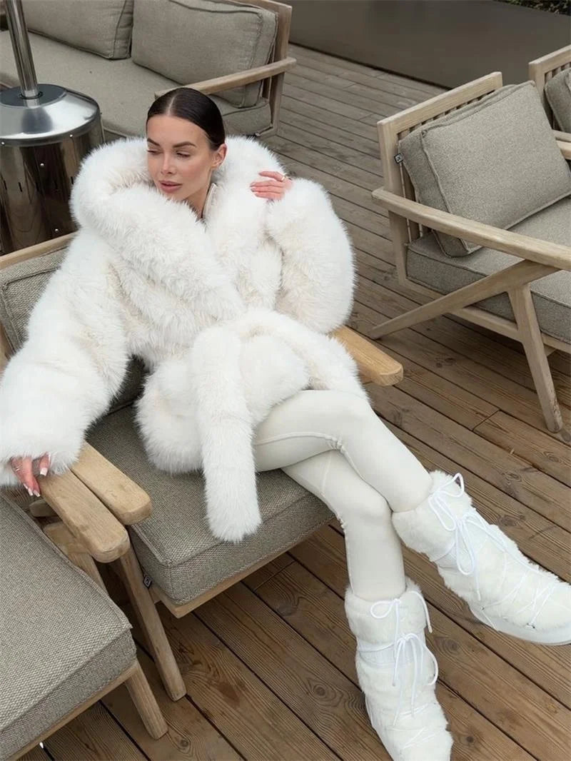 White/Dark Brown/Black Color S-3XL Plus Size Women Top Quality Hooded Artificial Fur Jacket Oversized Fur Collar Belted Waist Winter Warm Fluffy Mid-Length Coats Women's Faux Fur Coats Women Winter Apparel Supplies