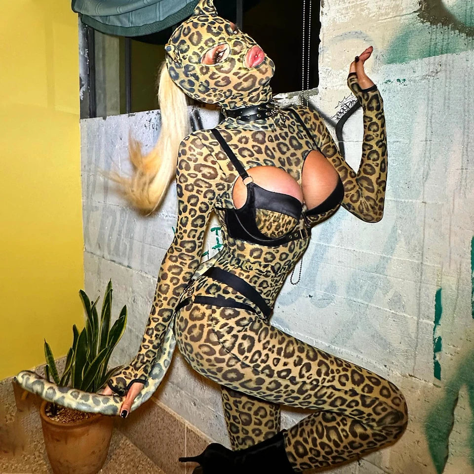 Sexy Women Lingerie Hot Cosplay Hollow Out Leopard Long Sleeve Pants Set Fetish Party Costume with Headgear Kit 5 Pieces