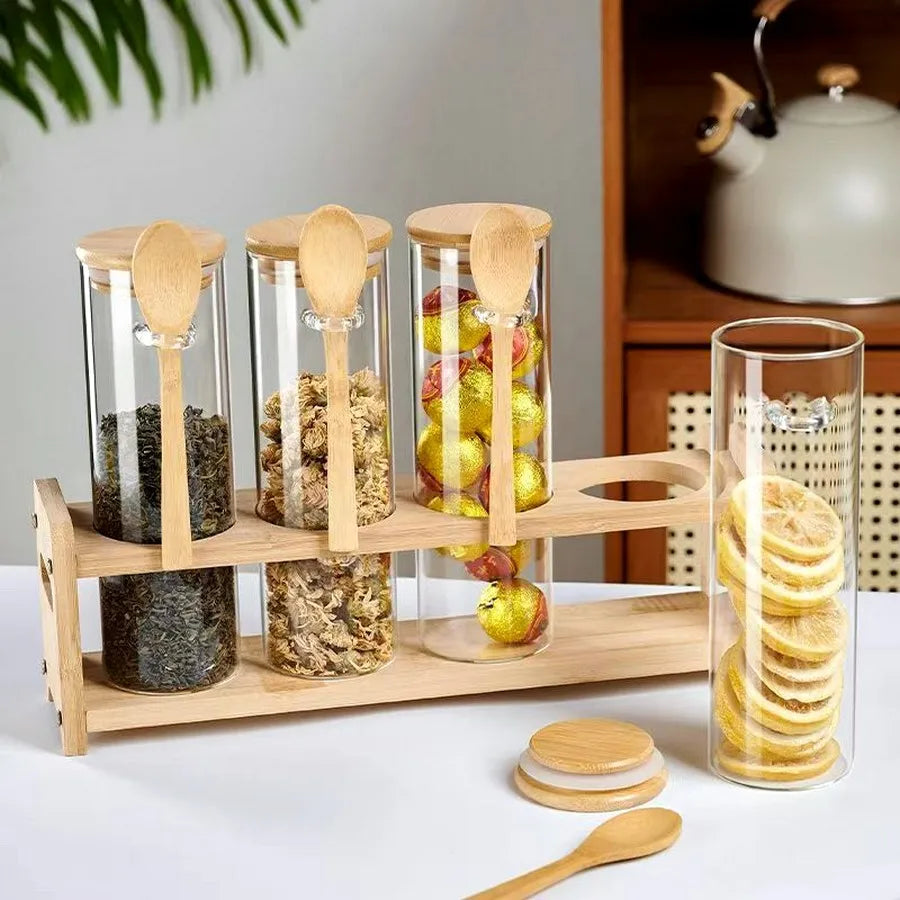 4-8 PCS + Bamboo Spoons Set Wide Mouth Glass Airtight Lid Spice Coffee Containers Glass Tea Canister Set Food Storage  Home Cooking Tools Sets Kitchenware Supplies
