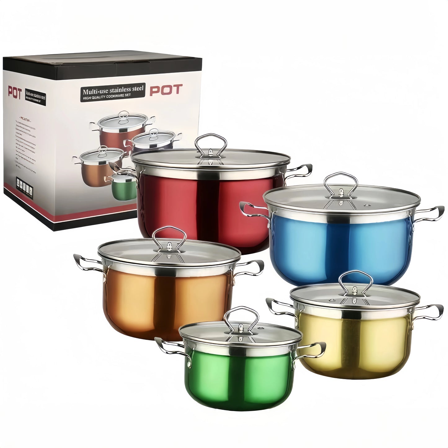 10 PCS Set Silvery/Colored Gift Set Stainless Steel Home Hotels Restaurants Kitchen Cookware Casserole Pot with Handle and Transparent Glass Lid Outdoor Camping Cooking Tools Cookware Supplies