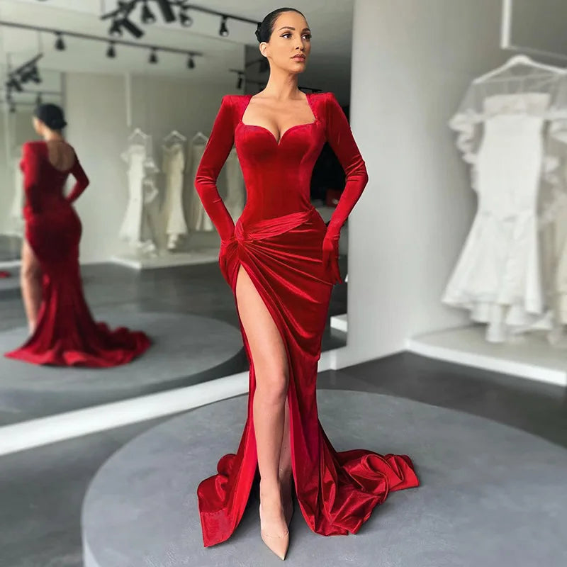 Boutique Gala HOT SALE Black/Blue/Pink/Green/ Red Color Luxury Velvet Evening Party Women Celebrities Red Carpet Wedding Guest Sexy V-Neck Long Sleeve Sweep Train Velvet Gown, Business Dinner Prom Ladies Luxury Apparel Suppli