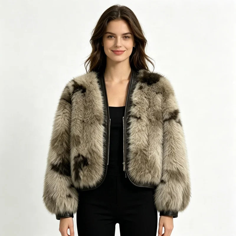NEW Arrivals Women's Faux Fox Fur Bomber Jacket PU Leather Trim Short Cropped Winter Warm Fluffy Coat Casual Outerwear Women's Faux Fur Coats
