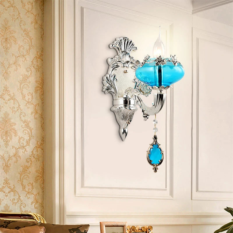 Villa Home Luxury European Blue Crystal Wall Lamp Luxury Living Room Bedroom Bedside Lamp Background Wall Corridor Villa Hotel Lighting.