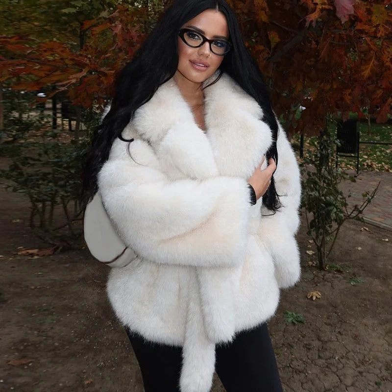 New Arrivals 5 Colors S-XL Women's Artificial Fox Fur Elegant Winter Warm Turn-Down Collar Down Filled Plain Dyed Woven  Plush Coat Outdoor Snow Boots Outerwear Jackets Ladies Winter Clothing Supplies