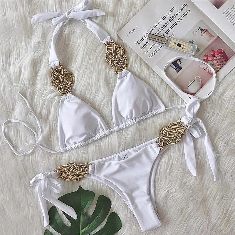 NEW Arrivals 2PCS Set  5 Colors Sexy Patchwork Halter Knitted Bikini Women Swimwear Female Swimsuit Bikini Set Brazilian Bather Bathing Suit Ladies Swimming Pool Luxury Beach Wear