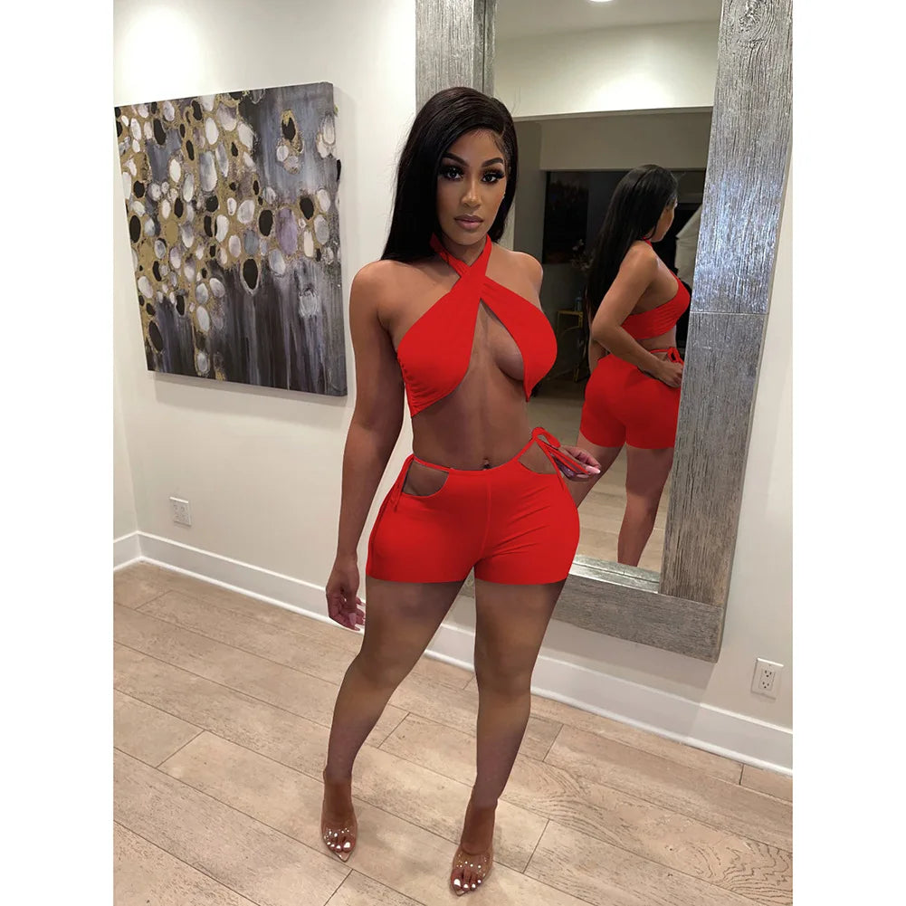 NEW Arrivals 2PCS Set 9 Colors Women Sexy Ruched Bandage Criss Cross Solid Hot Women Spring Summer Backless Evening Beach Party Night Club Crop Top and Shorts Matching Set