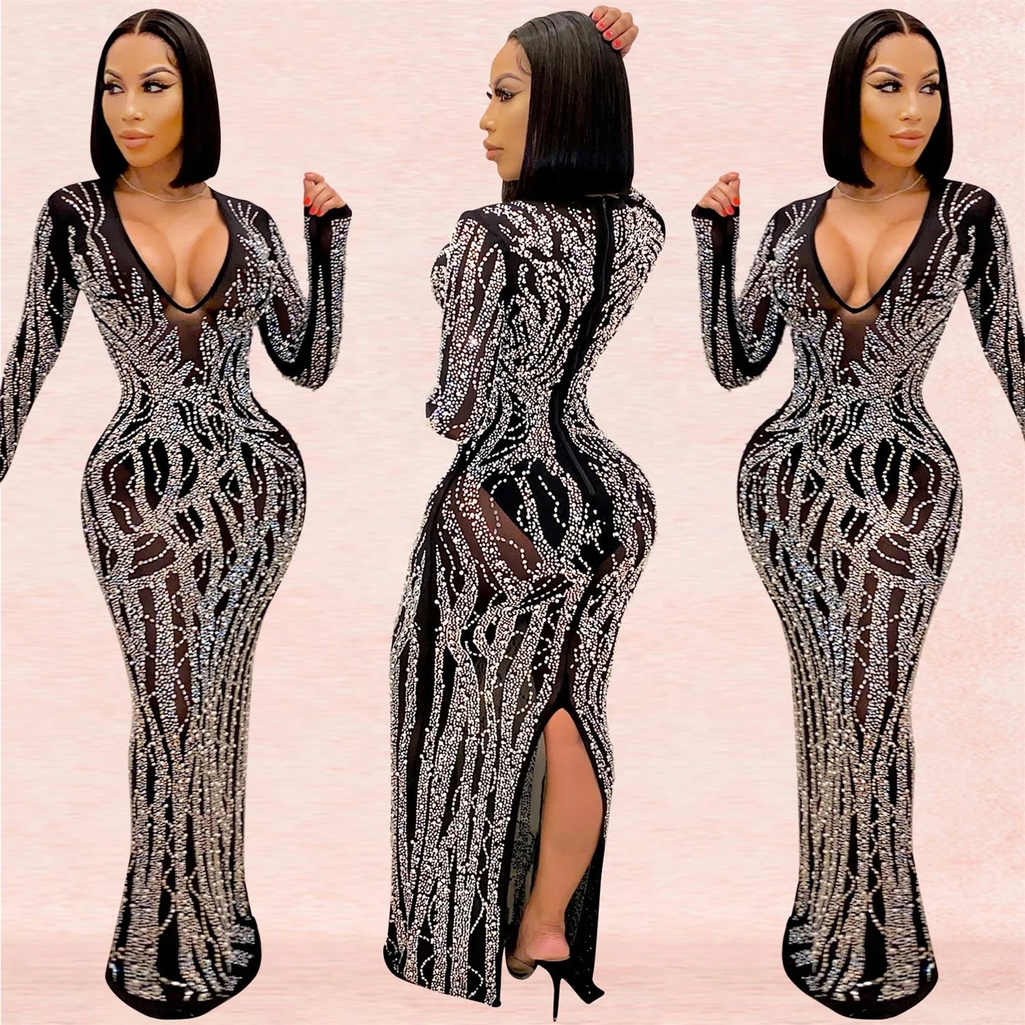 NEW Stylish Women Long Sleeve Sexy High Split Deep V-Neck Mesh Rhinestone Crystal Luxury Cocktail Party Night Club Prom Diamond Dresses Evening Cocktail Party Wedding Guest Ladies Luxury Apparel Supplies