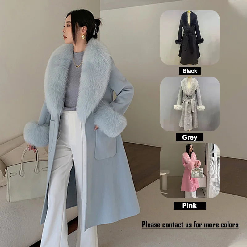 Boutique Gala HOT SALE S-4XL Plus Size Winter Warm Alpaca Real Sheep Wool Long Coats Women Real Cashmere Wool Coat With Detachable Natural Fox Fur Collar Cuffs Outerwear Jackets Ladies Luxury Apparel Supplies