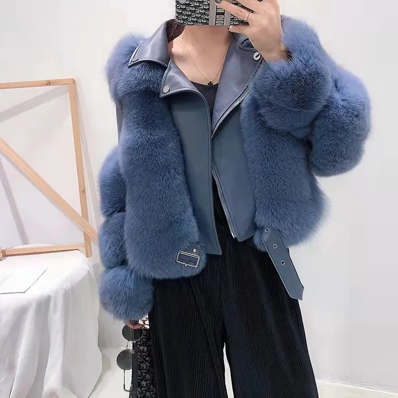 5 Colors Women High Level  Real Fox Fur Coat Sheepskin Leather  New Fashion  Winter Natural Evening Party Luxury Formal Clothes Women Outerwear Short Jackets