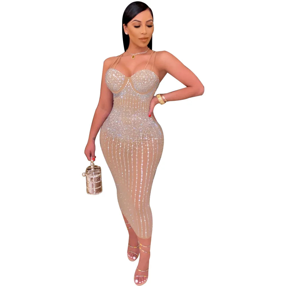 NEW Arrivals S-3XL UK Plus Size Chubby-Women's Sexy Spaghetti Strap Mesh Diamonds Dress, Sleeveless, See Through Rhinestone Dresses,  Evening Party Club Dress, Mid-Calf Ladies Luxury Fashion Apparel Supplies