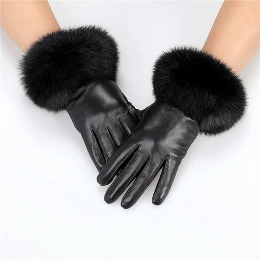 New Arrivals Women's Luxury Real Sheepskin Leather Gloves With Real Natural Rabbit Fur Cuffs Female Formal Evening Party Business Dinner Warm Gloves Fleece Lining Touch Screen Gloves Ladies Luxury Fashion Apparel Accessories