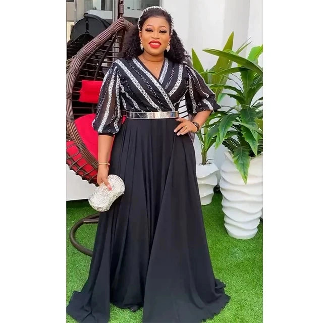 Gold/Silver/Red Color New African Women Plus Size Satin Evening Dresses Wedding Guest Evening Prom Party Luxury Sequin Gown Bodycon Dashiki Ankara Africa Clothing African Ladies Luxury Apparel Supplies