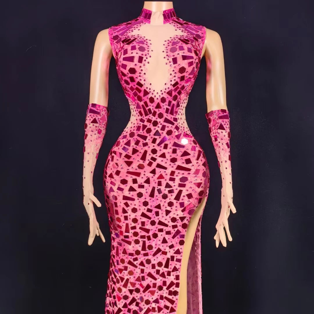 Boutique HOT SALE  Elegant Pink Crystal Sequin Wedding Guest Red Carpet Celebrities  Formal Party Dress High Slit Long Banquet Floor-Length Dress Women Night Clubwear Prom Evening Mermaid Maxi Dress Ladies Luxury Apparel Supp