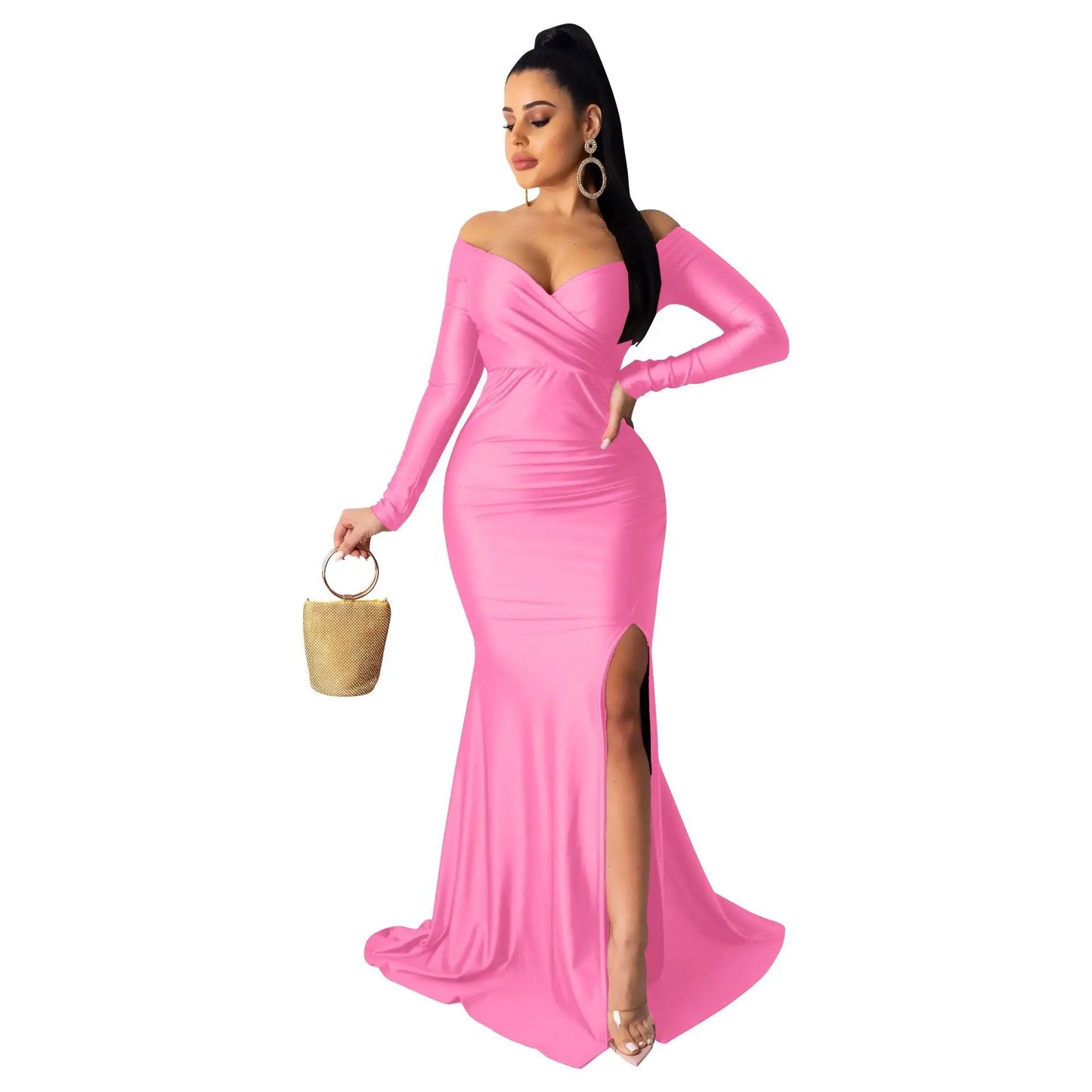 New Arrival S-2XL Women Luxury Gowns Wedding Guest Bridesmaid Evening Dresses High Slit Long Sleeve V-Neck Maxi Dress Ladies Long Party Dresses Women Luxury Apparel Supplies